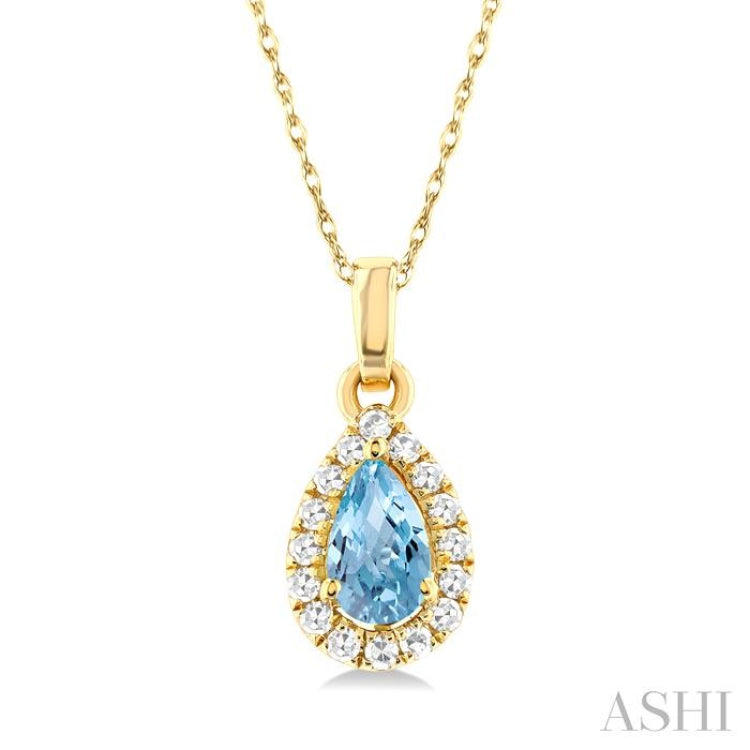 5x3 MM Pear Shape Aquamarine and 1/20 Ctw Single Cut Diamond Halo Semi-Precious Pendant with Chain in 10K Yellow Gold 5x3 MM Pear Shape Aquamarine and 1/20 Ctw Single Cut Diamond Halo Semi-Precious Pendant with Chain in 10K Yellow Gold