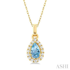 5x3 MM Pear Shape Aquamarine and 1/20 Ctw Single Cut Diamond Halo Semi-Precious Pendant with Chain in 10K Yellow Gold 5x3 MM Pear Shape Aquamarine and 1/20 Ctw Single Cut Diamond Halo Semi-Precious Pendant with Chain in 10K Yellow Gold