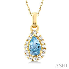 5x3 MM Pear Shape Aquamarine and 1/20 Ctw Single Cut Diamond Halo Semi-Precious Pendant with Chain in 10K Yellow Gold 5x3 MM Pear Shape Aquamarine and 1/20 Ctw Single Cut Diamond Halo Semi-Precious Pendant with Chain in 10K Yellow Gold