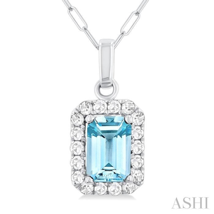 6x4 MM Octagonal Shape Aquamarine and 1/6 Ctw Round Cut Diamond Halo Semi-Precious Pendant with Chain in 10K White Gold 6x4 MM Octagonal Shape Aquamarine and 1/6 Ctw Round Cut Diamond Halo Semi-Precious Pendant with Chain in 10K White Gold