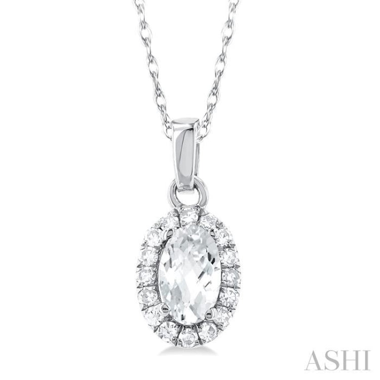 5x3 MM Oval Shape White Topaz and 1/20 Ctw Single Cut Diamond Halo Semi-Precious Pendant with Chain in 10K White Gold 5x3 MM Oval Shape White Topaz and 1/20 Ctw Single Cut Diamond Halo Semi-Precious Pendant with Chain in 10K White Gold