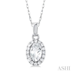 5x3 MM Oval Shape White Topaz and 1/20 Ctw Single Cut Diamond Halo Semi-Precious Pendant with Chain in 10K White Gold 5x3 MM Oval Shape White Topaz and 1/20 Ctw Single Cut Diamond Halo Semi-Precious Pendant with Chain in 10K White Gold
