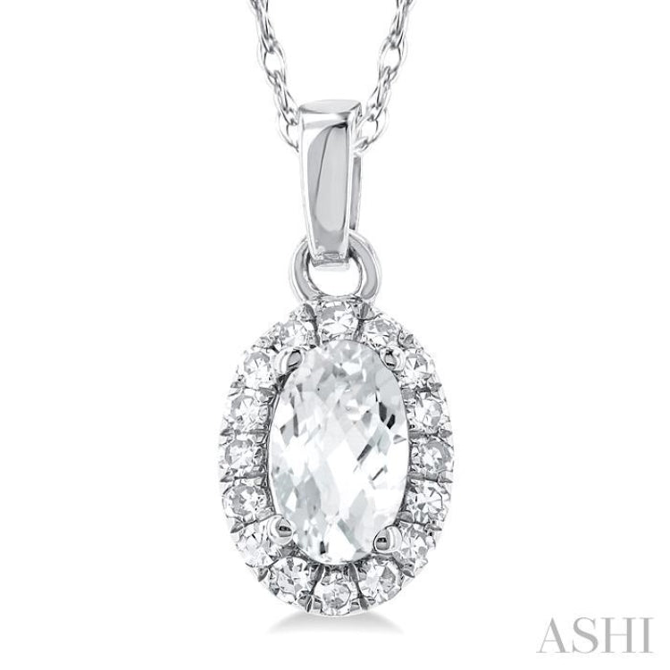 5x3 MM Oval Shape White Topaz and 1/20 Ctw Single Cut Diamond Halo Semi-Precious Pendant with Chain in 10K White Gold 5x3 MM Oval Shape White Topaz and 1/20 Ctw Single Cut Diamond Halo Semi-Precious Pendant with Chain in 10K White Gold