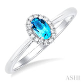 5x3 MM Oval Shape Blue Topaz and 1/20 Ctw Single Cut Diamond Halo Semi-Precious Ring in 10K White Gold
