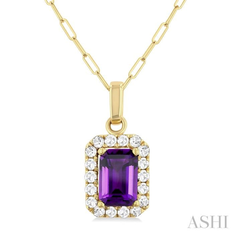6x4 MM Octagonal Shape Amethyst and 1/6 Ctw Round Cut Diamond Halo Semi-Precious Pendant with Chain in 10K Yellow Gold 6x4 MM Octagonal Shape Amethyst and 1/6 Ctw Round Cut Diamond Halo Semi-Precious Pendant with Chain in 10K Yellow Gold