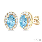 5x3 MM Oval Shape Aquamarine and 1/8 Ctw Round Cut Diamond Halo Semi-Precious Stud Earrings in 10K Yellow Gold
