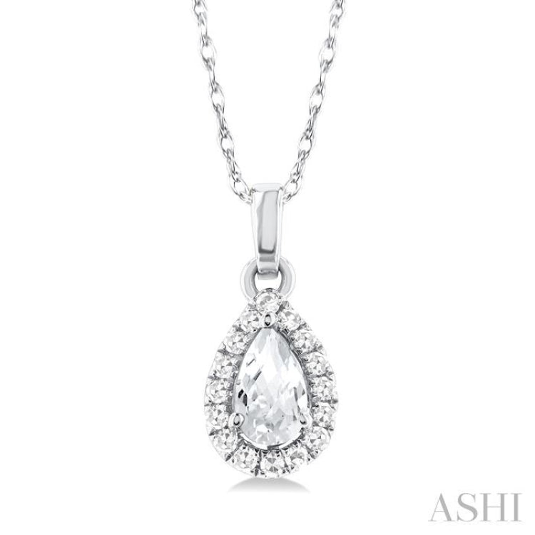 5x3 MM Pear Shape White Topaz and 1/20 Ctw Single Cut Diamond Halo Semi-Precious Pendant with Chain in 14K White Gold 5x3 MM Pear Shape White Topaz and 1/20 Ctw Single Cut Diamond Halo Semi-Precious Pendant with Chain in 14K White Gold
