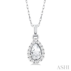 5x3 MM Pear Shape White Topaz and 1/20 Ctw Single Cut Diamond Halo Semi-Precious Pendant with Chain in 14K White Gold 5x3 MM Pear Shape White Topaz and 1/20 Ctw Single Cut Diamond Halo Semi-Precious Pendant with Chain in 14K White Gold