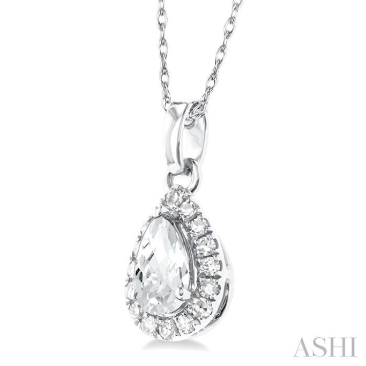5x3 MM Pear Shape White Topaz and 1/20 Ctw Single Cut Diamond Halo Semi-Precious Pendant with Chain in 14K White Gold 5x3 MM Pear Shape White Topaz and 1/20 Ctw Single Cut Diamond Halo Semi-Precious Pendant with Chain in 14K White Gold