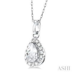 5x3 MM Pear Shape White Topaz and 1/20 Ctw Single Cut Diamond Halo Semi-Precious Pendant with Chain in 14K White Gold 5x3 MM Pear Shape White Topaz and 1/20 Ctw Single Cut Diamond Halo Semi-Precious Pendant with Chain in 14K White Gold
