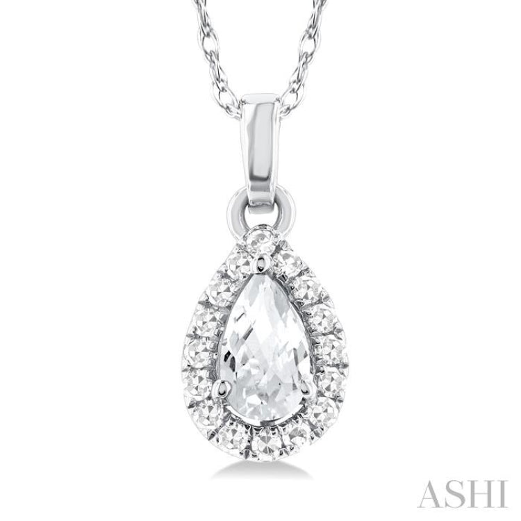 5x3 MM Pear Shape White Topaz and 1/20 Ctw Single Cut Diamond Halo Semi-Precious Pendant with Chain in 14K White Gold 5x3 MM Pear Shape White Topaz and 1/20 Ctw Single Cut Diamond Halo Semi-Precious Pendant with Chain in 14K White Gold