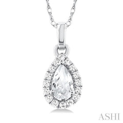 5x3 MM Pear Shape White Topaz and 1/20 Ctw Single Cut Diamond Halo Semi-Precious Pendant with Chain in 14K White Gold 5x3 MM Pear Shape White Topaz and 1/20 Ctw Single Cut Diamond Halo Semi-Precious Pendant with Chain in 14K White Gold