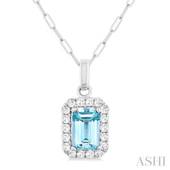6x4 MM Octagonal Shape Aquamarine and 1/6 Ctw Round Cut Diamond Halo Semi-Precious Pendant with Chain in 14K White Gold 6x4 MM Octagonal Shape Aquamarine and 1/6 Ctw Round Cut Diamond Halo Semi-Precious Pendant with Chain in 14K White Gold