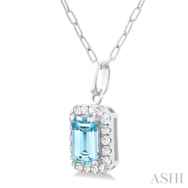 6x4 MM Octagonal Shape Aquamarine and 1/6 Ctw Round Cut Diamond Halo Semi-Precious Pendant with Chain in 14K White Gold 6x4 MM Octagonal Shape Aquamarine and 1/6 Ctw Round Cut Diamond Halo Semi-Precious Pendant with Chain in 14K White Gold