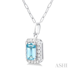 6x4 MM Octagonal Shape Aquamarine and 1/6 Ctw Round Cut Diamond Halo Semi-Precious Pendant with Chain in 14K White Gold 6x4 MM Octagonal Shape Aquamarine and 1/6 Ctw Round Cut Diamond Halo Semi-Precious Pendant with Chain in 14K White Gold
