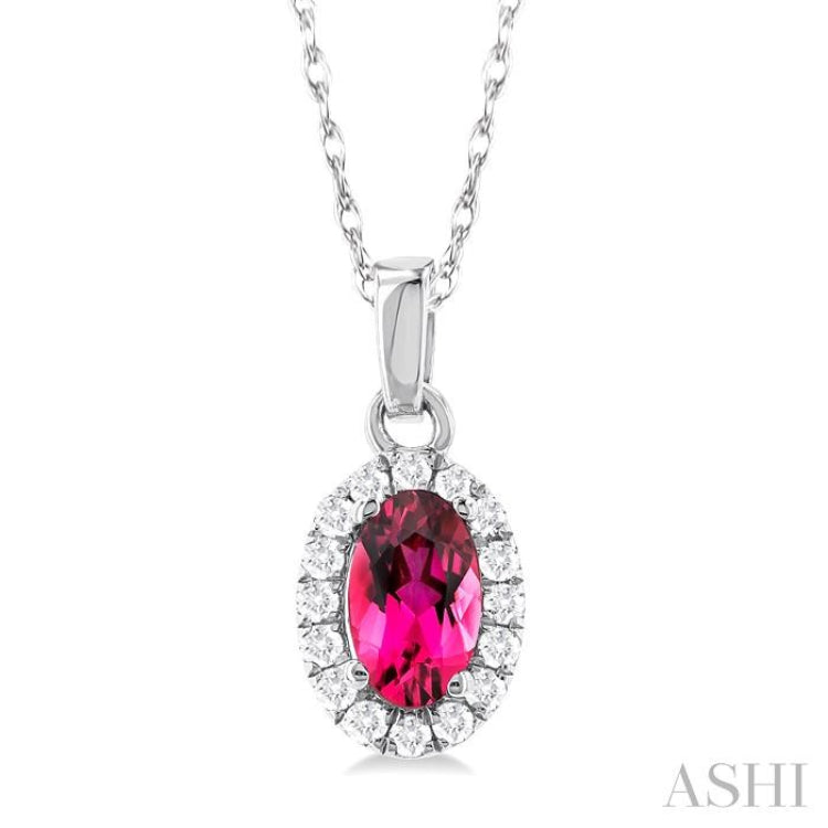 5x3 MM Oval Shape Pink Tourmaline and 1/20 Ctw Single Cut Diamond Halo Semi-Precious Pendant with Chain in 10K White Gold 5x3 MM Oval Shape Pink Tourmaline and 1/20 Ctw Single Cut Diamond Halo Semi-Precious Pendant with Chain in 10K White Gold
