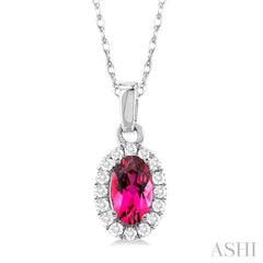 5x3 MM Oval Shape Pink Tourmaline and 1/20 Ctw Single Cut Diamond Halo Semi-Precious Pendant with Chain in 10K White Gold 5x3 MM Oval Shape Pink Tourmaline and 1/20 Ctw Single Cut Diamond Halo Semi-Precious Pendant with Chain in 10K White Gold