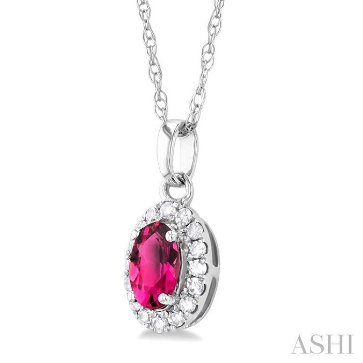 5x3 MM Oval Shape Pink Tourmaline and 1/20 Ctw Single Cut Diamond Halo Semi-Precious Pendant with Chain in 10K White Gold 5x3 MM Oval Shape Pink Tourmaline and 1/20 Ctw Single Cut Diamond Halo Semi-Precious Pendant with Chain in 10K White Gold