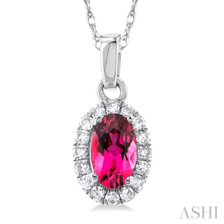 5x3 MM Oval Shape Pink Tourmaline and 1/20 Ctw Single Cut Diamond Halo Semi-Precious Pendant with Chain in 10K White Gold 5x3 MM Oval Shape Pink Tourmaline and 1/20 Ctw Single Cut Diamond Halo Semi-Precious Pendant with Chain in 10K White Gold