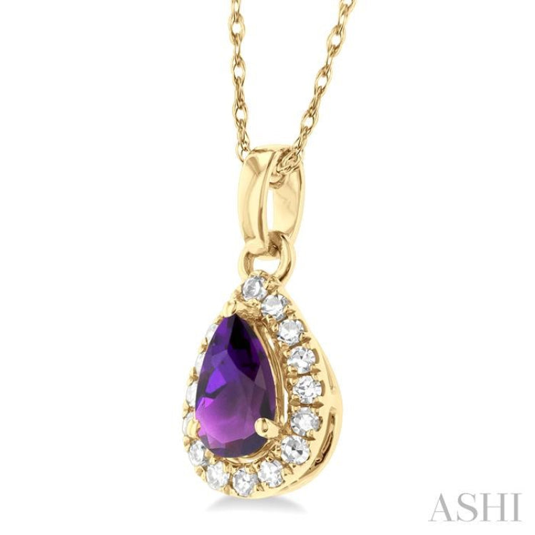 5x3 MM Pear Shape Amethyst and 1/20 Ctw Single Cut Diamond Halo Semi-Precious Pendant with Chain in 14K Yellow Gold 5x3 MM Pear Shape Amethyst and 1/20 Ctw Single Cut Diamond Halo Semi-Precious Pendant with Chain in 14K Yellow Gold