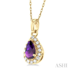 5x3 MM Pear Shape Amethyst and 1/20 Ctw Single Cut Diamond Halo Semi-Precious Pendant with Chain in 14K Yellow Gold 5x3 MM Pear Shape Amethyst and 1/20 Ctw Single Cut Diamond Halo Semi-Precious Pendant with Chain in 14K Yellow Gold