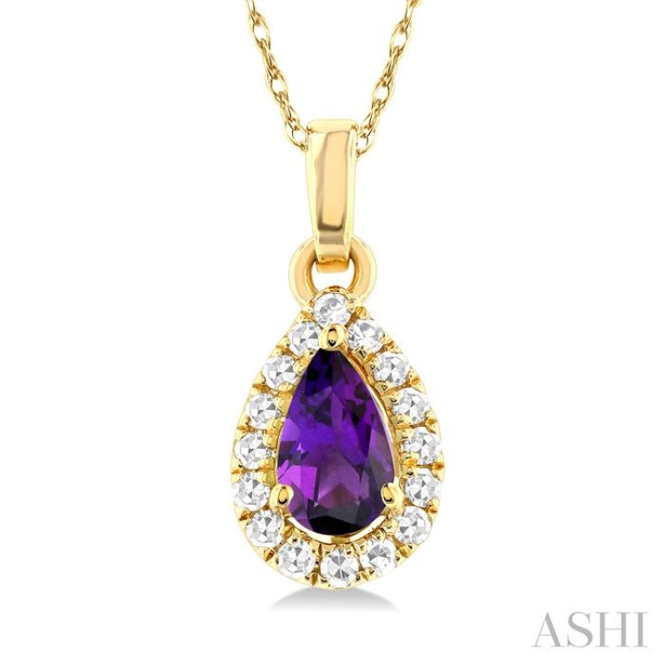 5x3 MM Pear Shape Amethyst and 1/20 Ctw Single Cut Diamond Halo Semi-Precious Pendant with Chain in 14K Yellow Gold 5x3 MM Pear Shape Amethyst and 1/20 Ctw Single Cut Diamond Halo Semi-Precious Pendant with Chain in 14K Yellow Gold