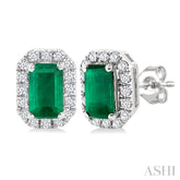 5x3 MM Octagonal Shape Emerald and 1/8 Ctw Round Cut Diamond Halo Precious Stud Earrings in 14K White Gold