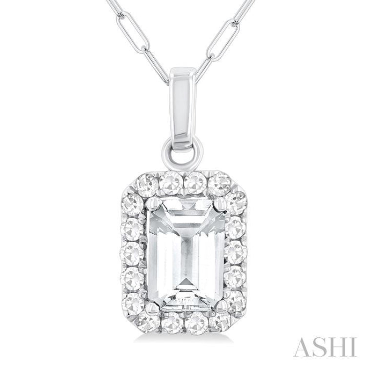 6x4 MM Octagonal Shape White Topaz and 1/6 Ctw Round Cut Diamond Halo Semi-Precious Pendant with Chain in 10K White Gold 6x4 MM Octagonal Shape White Topaz and 1/6 Ctw Round Cut Diamond Halo Semi-Precious Pendant with Chain in 10K White Gold