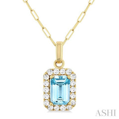 6x4 MM Octagonal Shape Aquamarine and 1/6 Ctw Round Cut Diamond Halo Semi-Precious Pendant with Chain in 10K Yellow Gold 6x4 MM Octagonal Shape Aquamarine and 1/6 Ctw Round Cut Diamond Halo Semi-Precious Pendant with Chain in 10K Yellow Gold