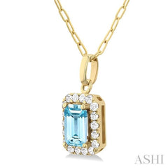 6x4 MM Octagonal Shape Aquamarine and 1/6 Ctw Round Cut Diamond Halo Semi-Precious Pendant with Chain in 10K Yellow Gold 6x4 MM Octagonal Shape Aquamarine and 1/6 Ctw Round Cut Diamond Halo Semi-Precious Pendant with Chain in 10K Yellow Gold