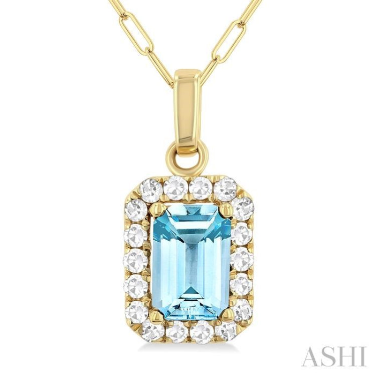 6x4 MM Octagonal Shape Aquamarine and 1/6 Ctw Round Cut Diamond Halo Semi-Precious Pendant with Chain in 10K Yellow Gold 6x4 MM Octagonal Shape Aquamarine and 1/6 Ctw Round Cut Diamond Halo Semi-Precious Pendant with Chain in 10K Yellow Gold