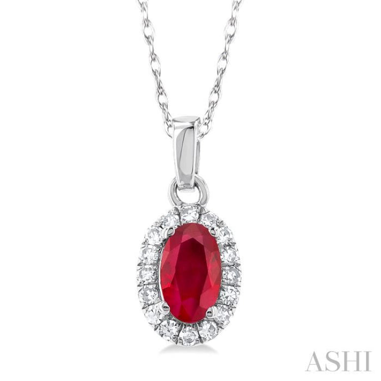 5x3 MM Oval Shape Ruby and 1/20 Ctw Single Cut Diamond Halo Precious Pendant with Chain in 10K White Gold 5x3 MM Oval Shape Ruby and 1/20 Ctw Single Cut Diamond Halo Precious Pendant with Chain in 10K White Gold