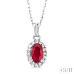 5x3 MM Oval Shape Ruby and 1/20 Ctw Single Cut Diamond Halo Precious Pendant with Chain in 10K White Gold 5x3 MM Oval Shape Ruby and 1/20 Ctw Single Cut Diamond Halo Precious Pendant with Chain in 10K White Gold