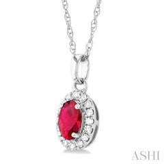 5x3 MM Oval Shape Ruby and 1/20 Ctw Single Cut Diamond Halo Precious Pendant with Chain in 10K White Gold 5x3 MM Oval Shape Ruby and 1/20 Ctw Single Cut Diamond Halo Precious Pendant with Chain in 10K White Gold