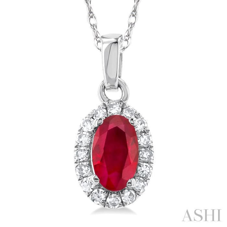 5x3 MM Oval Shape Ruby and 1/20 Ctw Single Cut Diamond Halo Precious Pendant with Chain in 10K White Gold 5x3 MM Oval Shape Ruby and 1/20 Ctw Single Cut Diamond Halo Precious Pendant with Chain in 10K White Gold