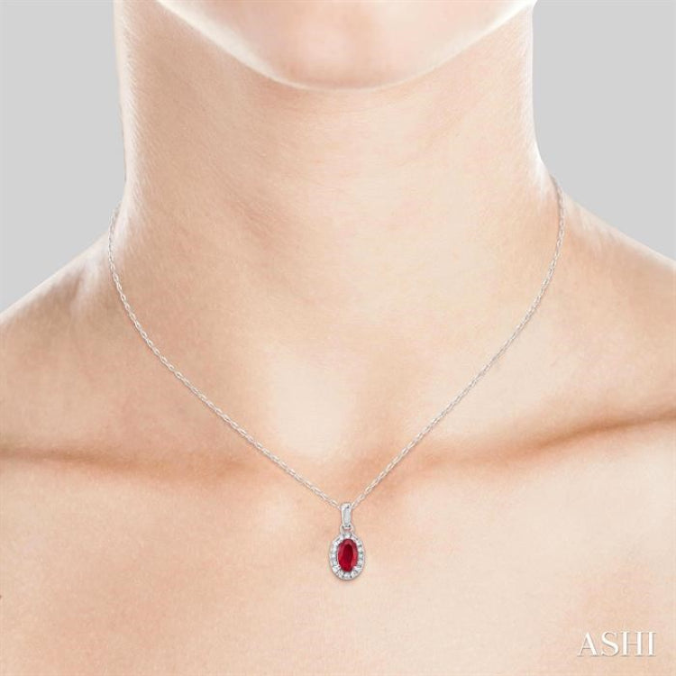 5x3 MM Oval Shape Ruby and 1/20 Ctw Single Cut Diamond Halo Precious Pendant with Chain in 10K White Gold 5x3 MM Oval Shape Ruby and 1/20 Ctw Single Cut Diamond Halo Precious Pendant with Chain in 10K White Gold