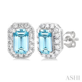 5x3 MM Octagonal Shape Aquamarine and 1/8 Ctw Single Cut Diamond Halo Semi-Precious Stud Earrings in 14K White Gold