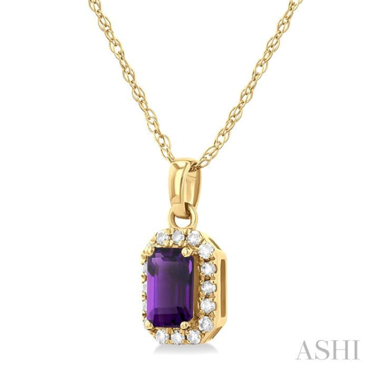5x3 MM Octagonal Shape Amethyst and 1/20 Ctw Single Cut Diamond Halo Semi-Precious Pendant with Chain in 10K Yellow Gold 5x3 MM Octagonal Shape Amethyst and 1/20 Ctw Single Cut Diamond Halo Semi-Precious Pendant with Chain in 10K Yellow Gold