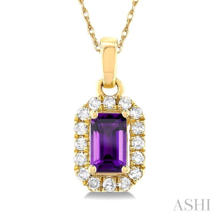 5x3 MM Octagonal Shape Amethyst and 1/20 Ctw Single Cut Diamond Halo Semi-Precious Pendant with Chain in 10K Yellow Gold 5x3 MM Octagonal Shape Amethyst and 1/20 Ctw Single Cut Diamond Halo Semi-Precious Pendant with Chain in 10K Yellow Gold
