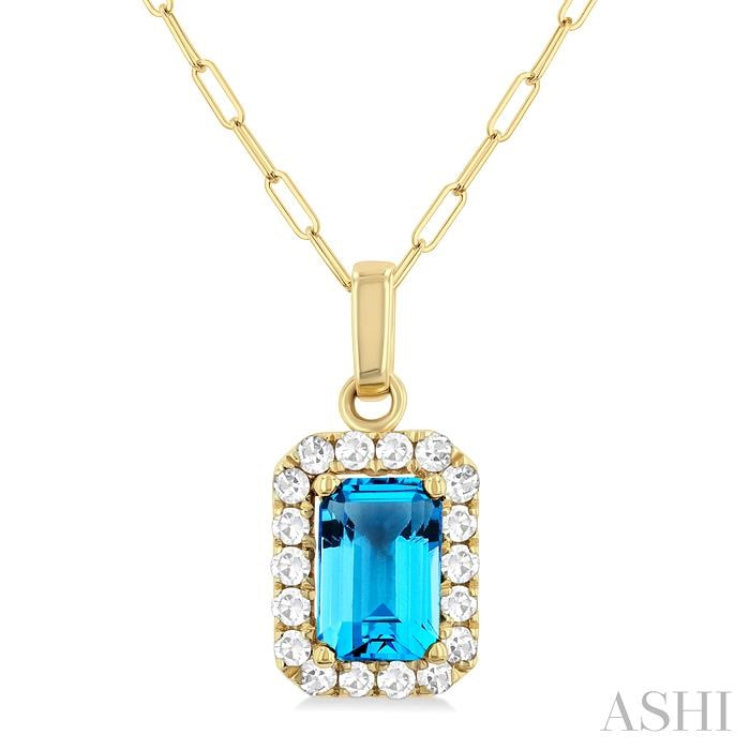 6x4 MM Octagonal Shape Blue Topaz and 1/6 Ctw Round Cut Diamond Halo Semi-Precious Pendant with Chain in 14K Yellow Gold 6x4 MM Octagonal Shape Blue Topaz and 1/6 Ctw Round Cut Diamond Halo Semi-Precious Pendant with Chain in 14K Yellow Gold