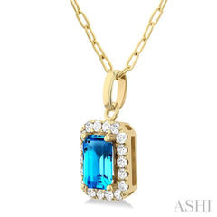 6x4 MM Octagonal Shape Blue Topaz and 1/6 Ctw Round Cut Diamond Halo Semi-Precious Pendant with Chain in 14K Yellow Gold 6x4 MM Octagonal Shape Blue Topaz and 1/6 Ctw Round Cut Diamond Halo Semi-Precious Pendant with Chain in 14K Yellow Gold