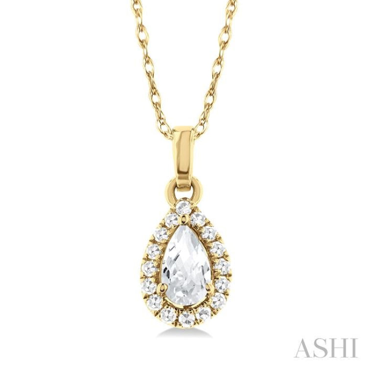 5x3 MM Pear Shape White Topaz and 1/20 Ctw Single Cut Diamond Halo Semi-Precious Pendant with Chain in 14K Yellow Gold 5x3 MM Pear Shape White Topaz and 1/20 Ctw Single Cut Diamond Halo Semi-Precious Pendant with Chain in 14K Yellow Gold