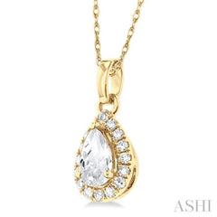 5x3 MM Pear Shape White Topaz and 1/20 Ctw Single Cut Diamond Halo Semi-Precious Pendant with Chain in 14K Yellow Gold 5x3 MM Pear Shape White Topaz and 1/20 Ctw Single Cut Diamond Halo Semi-Precious Pendant with Chain in 14K Yellow Gold