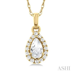 5x3 MM Pear Shape White Topaz and 1/20 Ctw Single Cut Diamond Halo Semi-Precious Pendant with Chain in 14K Yellow Gold 5x3 MM Pear Shape White Topaz and 1/20 Ctw Single Cut Diamond Halo Semi-Precious Pendant with Chain in 14K Yellow Gold