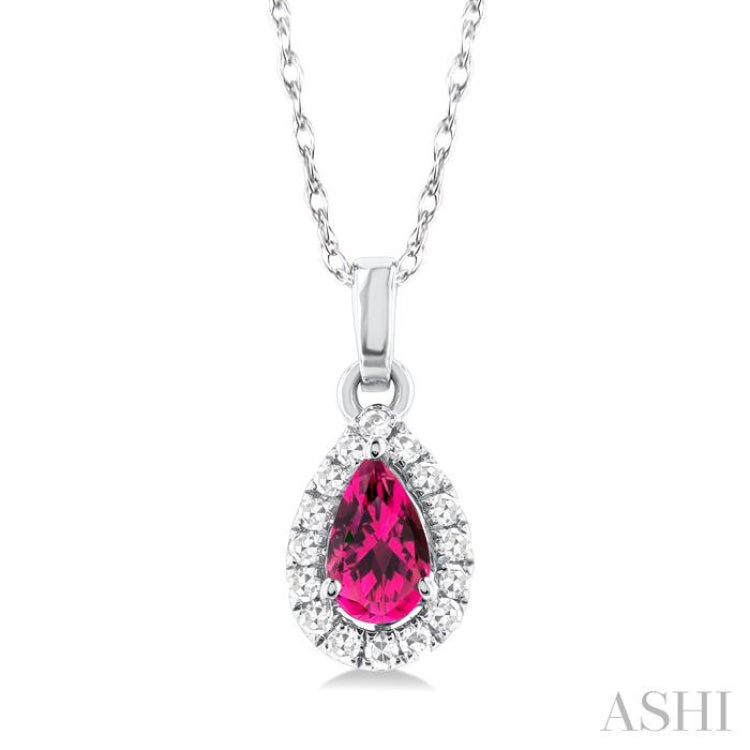 5x3 MM Pear Shape Pink Tourmaline and 1/20 Ctw Single Cut Diamond Halo Semi-Precious Pendant with Chain in 14K White Gold 5x3 MM Pear Shape Pink Tourmaline and 1/20 Ctw Single Cut Diamond Halo Semi-Precious Pendant with Chain in 14K White Gold