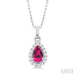 5x3 MM Pear Shape Pink Tourmaline and 1/20 Ctw Single Cut Diamond Halo Semi-Precious Pendant with Chain in 14K White Gold 5x3 MM Pear Shape Pink Tourmaline and 1/20 Ctw Single Cut Diamond Halo Semi-Precious Pendant with Chain in 14K White Gold