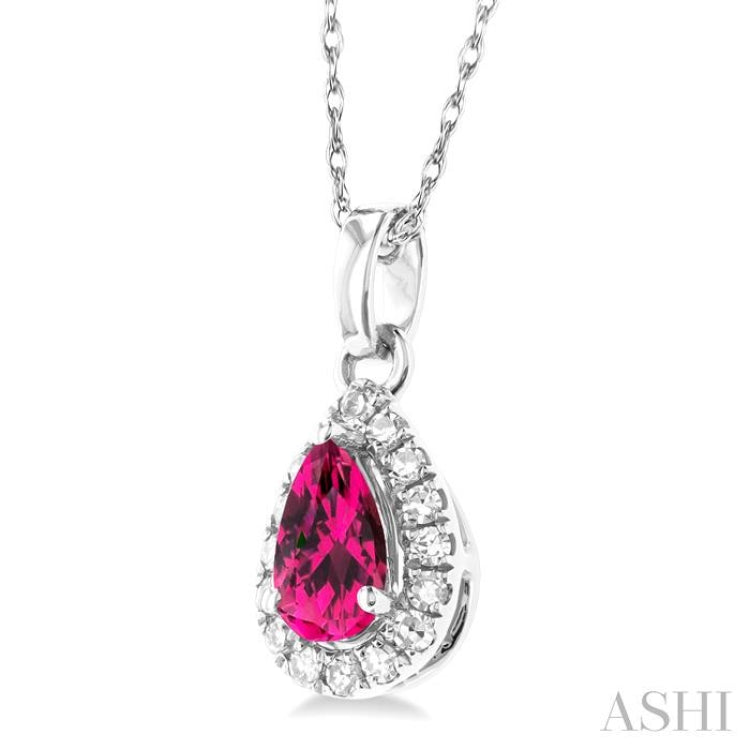 5x3 MM Pear Shape Pink Tourmaline and 1/20 Ctw Single Cut Diamond Halo Semi-Precious Pendant with Chain in 14K White Gold 5x3 MM Pear Shape Pink Tourmaline and 1/20 Ctw Single Cut Diamond Halo Semi-Precious Pendant with Chain in 14K White Gold