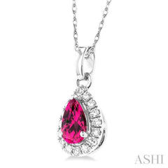 5x3 MM Pear Shape Pink Tourmaline and 1/20 Ctw Single Cut Diamond Halo Semi-Precious Pendant with Chain in 14K White Gold 5x3 MM Pear Shape Pink Tourmaline and 1/20 Ctw Single Cut Diamond Halo Semi-Precious Pendant with Chain in 14K White Gold