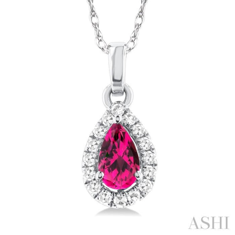 5x3 MM Pear Shape Pink Tourmaline and 1/20 Ctw Single Cut Diamond Halo Semi-Precious Pendant with Chain in 14K White Gold 5x3 MM Pear Shape Pink Tourmaline and 1/20 Ctw Single Cut Diamond Halo Semi-Precious Pendant with Chain in 14K White Gold