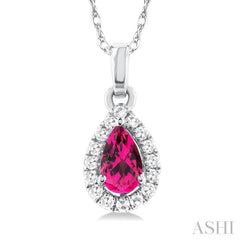 5x3 MM Pear Shape Pink Tourmaline and 1/20 Ctw Single Cut Diamond Halo Semi-Precious Pendant with Chain in 14K White Gold 5x3 MM Pear Shape Pink Tourmaline and 1/20 Ctw Single Cut Diamond Halo Semi-Precious Pendant with Chain in 14K White Gold